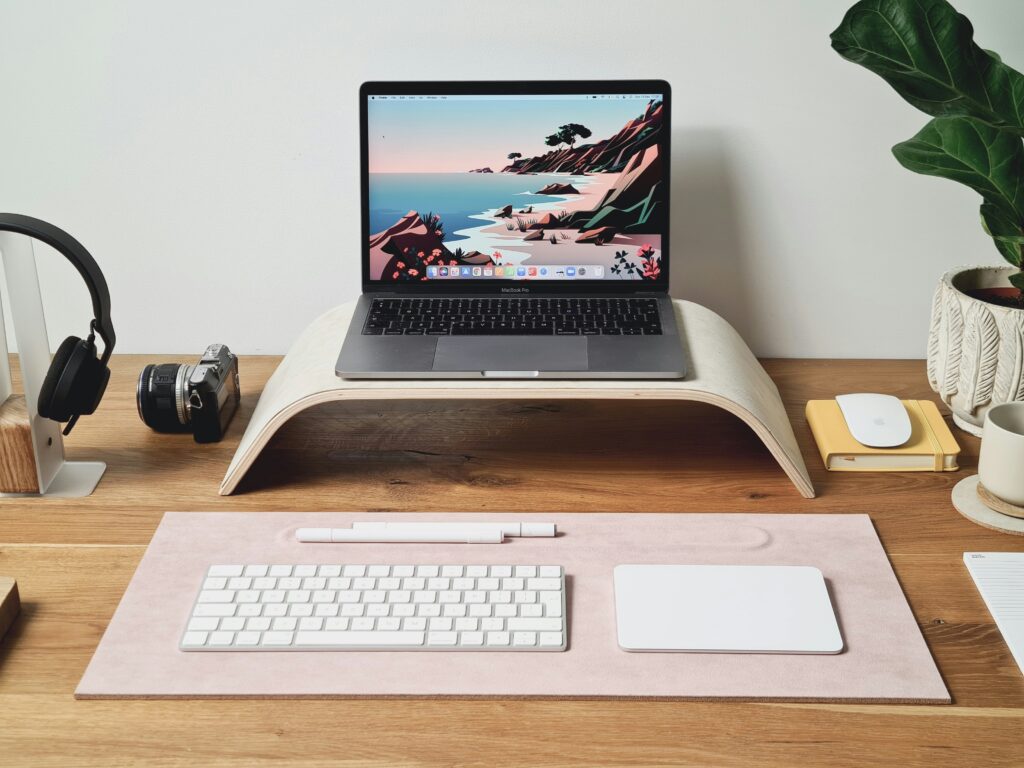 laptop stand, wooden stand